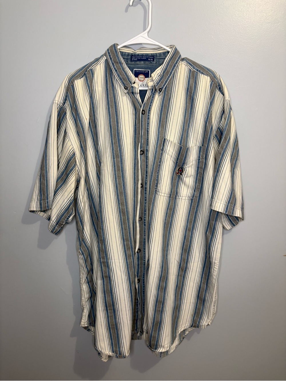 Vintage Coliseum Men's XL Short-Sleeve Button-Up Stripe Shirt Blue White Gray - Picture 5 of 16